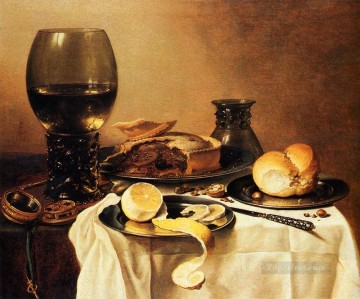 ピーテル・クラース Painting - レーマー・ミートパイ・レモンとパンのある朝食静物 Pieter Claesz